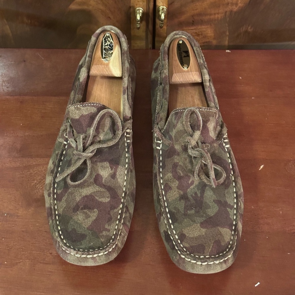 Barneys New York Brown Green Berry Camouflage Suede Driver Moccasins